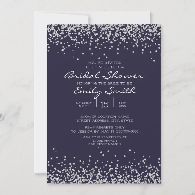 Elegant Navy Blue Silver Glitter Bridal Shower Invitation (Front)