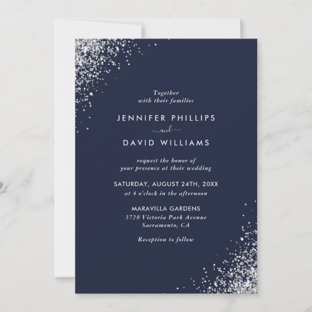 Elegant Navy Blue Silver Glitter Confetti Wedding Invitation (Front)
