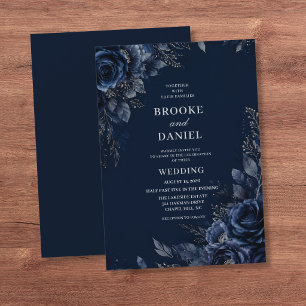 Elegant Navy Blue Silver Glitter Floral Wedding Invitation