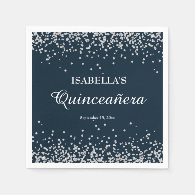 Elegant Navy Blue Silver Glitter Quinceanera Napkins (Front)