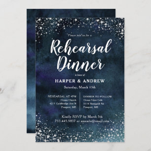 Elegant Navy Blue Silver Glitter Rehearsal Dinner Invitation