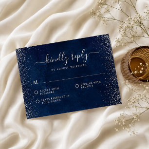 Elegant Navy Blue Silver Glitter Wedding RSVP Card