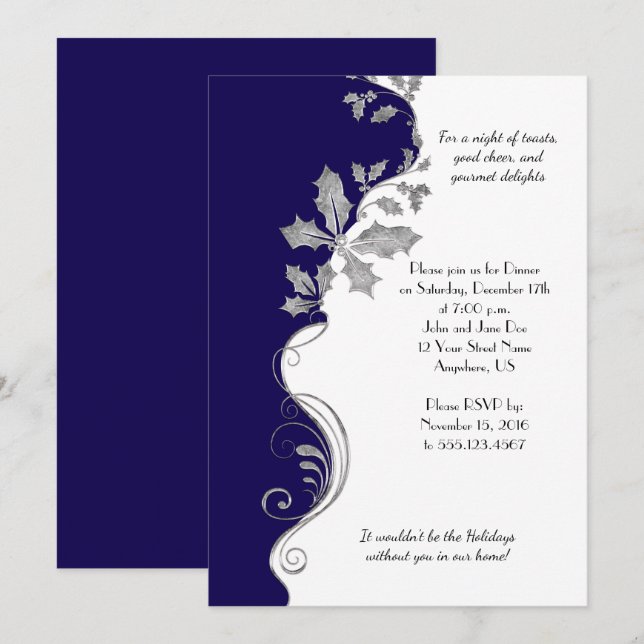 Elegant Navy Blue Silver Holly Christmas Party Invitation (Front/Back)