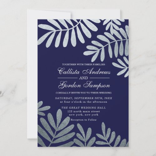 Elegant Navy Blue Silver Leaves Wedding Invitation