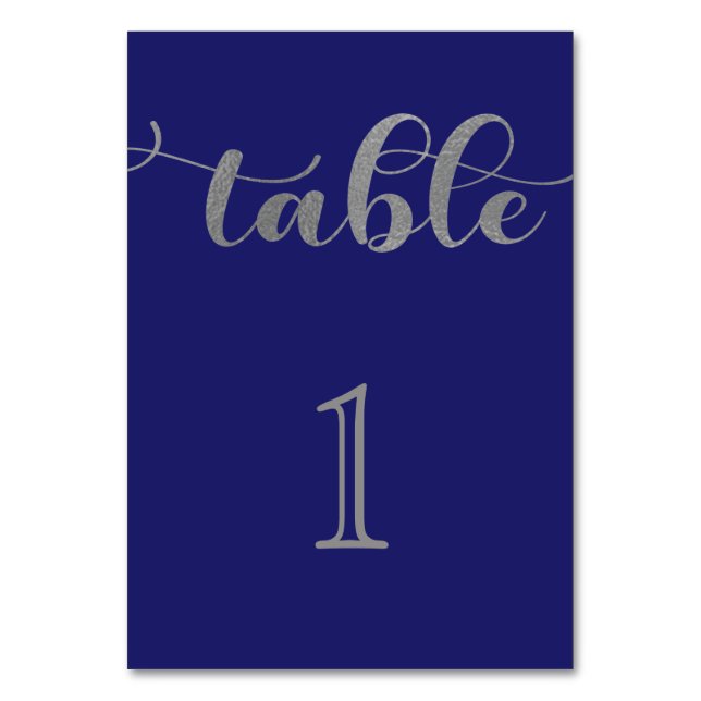 Elegant Navy Blue Silver Minimal Wedding Table Number (Front)