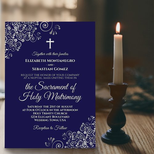 Elegant Navy Blue  Silver Modern Catholic Wedding Invitation