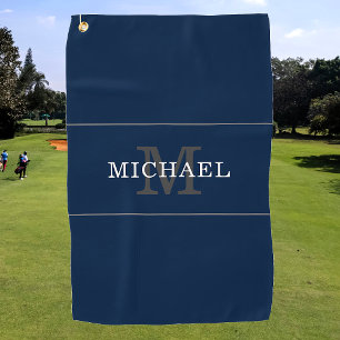 Elegant Navy Blue Silver Monogram Custom Name Golf Towel