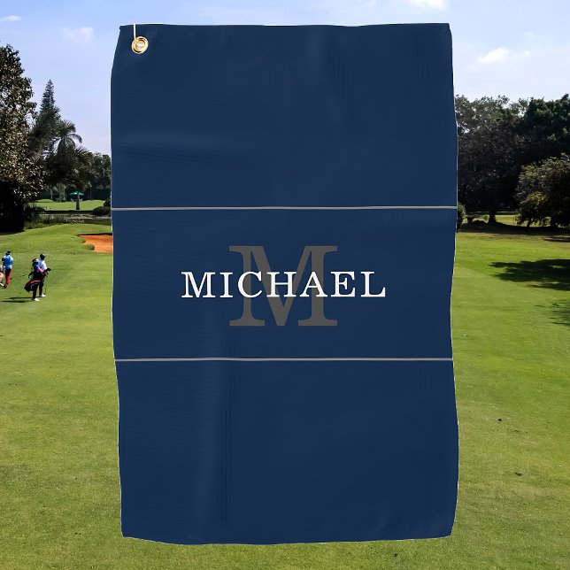 Elegant Navy Blue Silver Monogram Custom Name Golf Towel (Creator Uploaded)