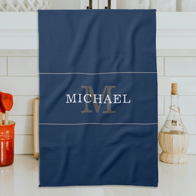 Elegant Navy Blue Silver Monogram Custom Name Kitchen Towel (Creator Uploaded)
