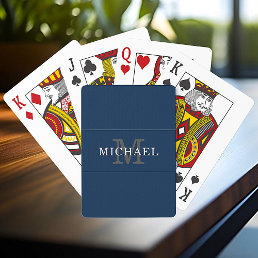 Elegant Navy Blue Silver Monogram Custom Name Poker Cards