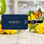 Elegant Navy Blue Silver Monogram Personalized Luggage Tag<br><div class="desc">Customize the text, and easily create your personalized luggage tag. Click EDIT, then click EDIT BACKGROUND to change the background color. You can TRANSFER this DESIGN on other Zazzle products and adjust it to fit most of the Zazzle items. Standard Studio designs are made in high-resolution graphics for a professional...</div>