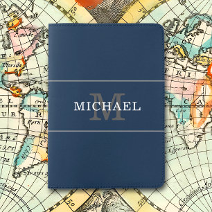 Elegant Navy Blue Silver Monogram Personalized Passport Holder