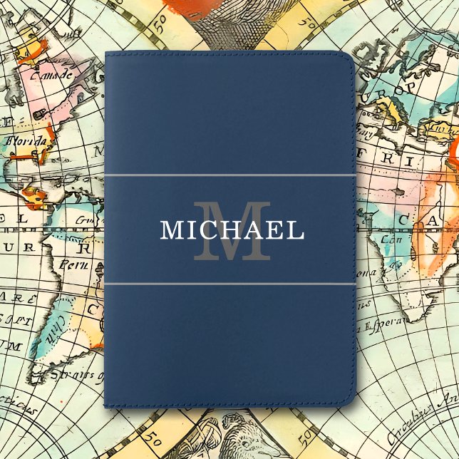 Elegant Navy Blue Silver Monogram Personalized Passport Holder (Creator Uploaded)