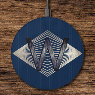   Elegant Navy Blue & Silver Personalized Monogram Wireless Charger