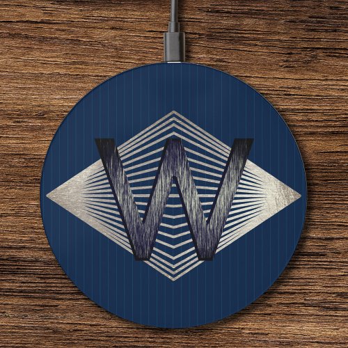   Elegant Navy Blue  Silver Personalized Monogram Wireless Charger