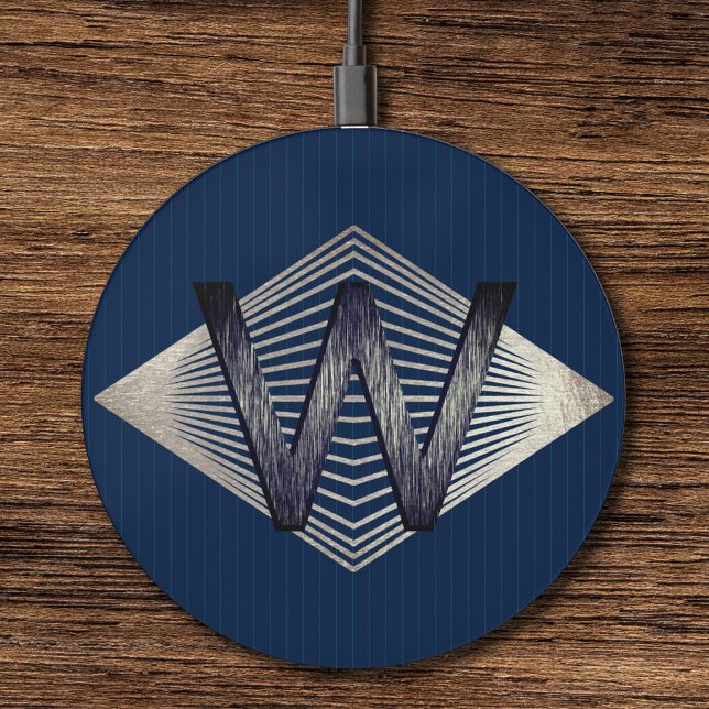   Elegant Navy Blue & Silver Personalized Monogram Wireless Charger (Creator Uploaded)