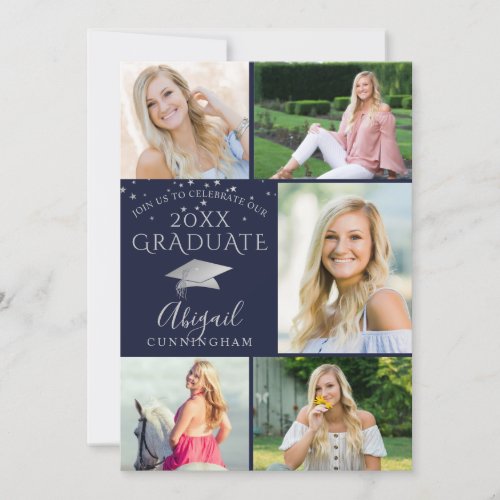 Elegant Navy Blue Silver Photo Collage Graduate Invitation