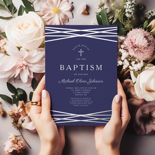 Elegant Navy Blue Silver Script Boy Baptism Foil Invitation