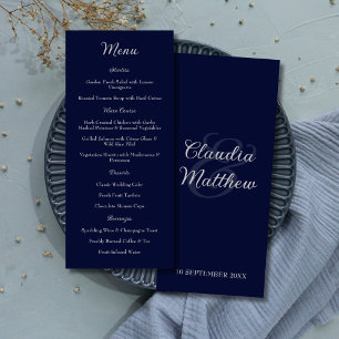 Elegant Navy Blue & Silver Script Wedding Menu