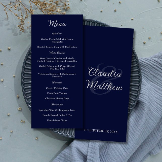Elegant Navy Blue & Silver Script Wedding Menu (Elegant Navy Blue & Silver Script Wedding Menu)