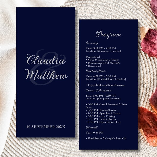 Elegant Navy Blue & Silver Script Wedding Program (Elegant Navy Blue and Silver Script Wedding Program)