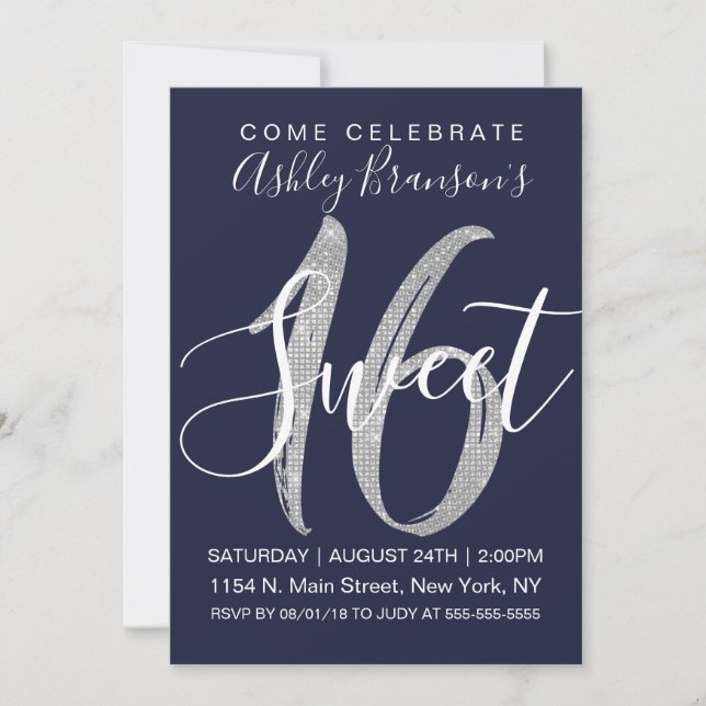 Elegant Navy Blue Silver Sequin Glitter Sweet 16 Invitation (Front)