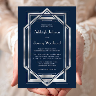 Elegant Navy Blue Silver Vintage Deco Wedding Invitation