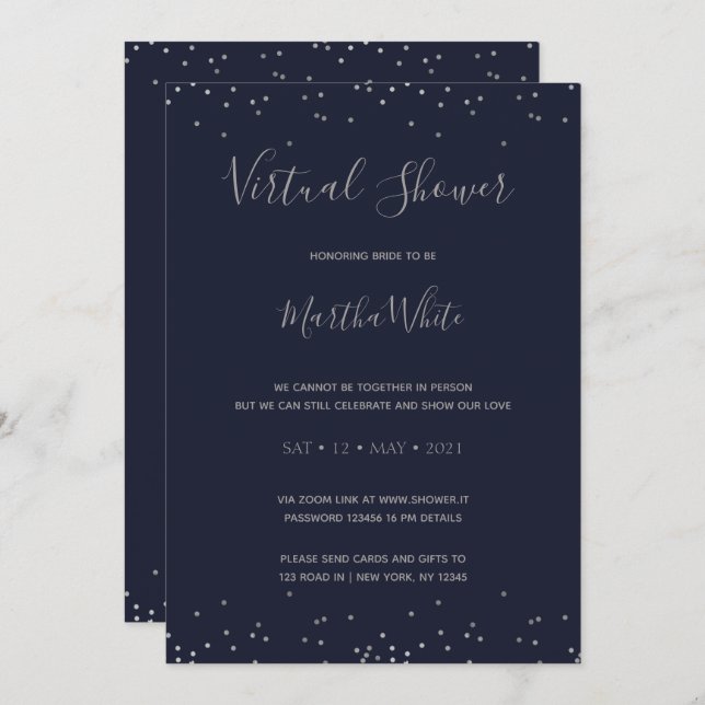 Elegant Navy Blue Silver Virtual Bridal Shower Invitation (Front/Back)