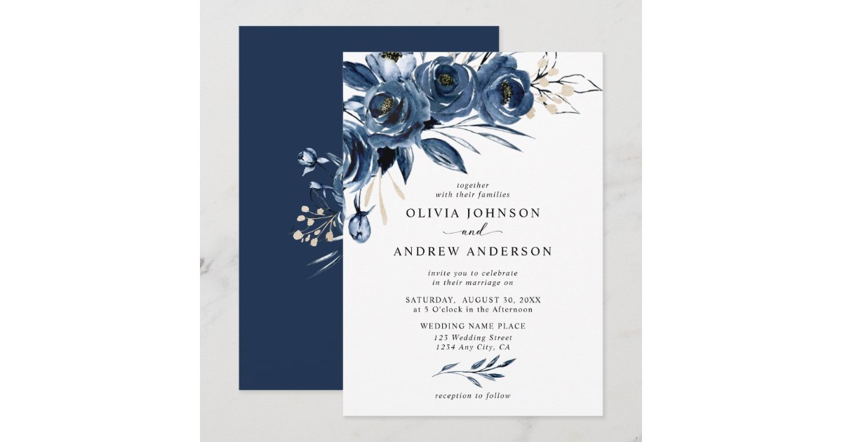 Elegant Navy Blue Silver Watercolor Floral Wedding Invitation | Zazzle