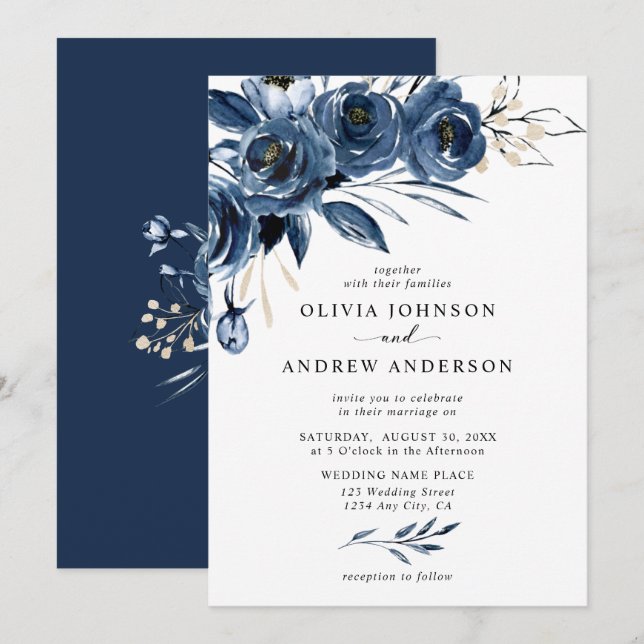 Elegant Navy Blue Silver Watercolor Floral Wedding Invitation (Front/Back)
