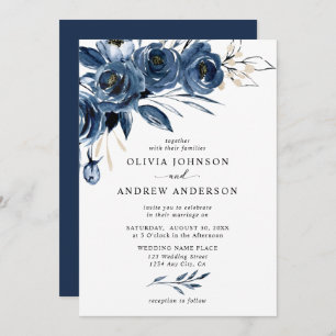 Elegant Navy Blue Silver Watercolor Floral Wedding Invitation