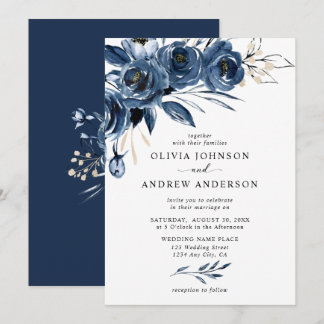 Elegant Navy Blue Silver Watercolor Floral Wedding Invitation