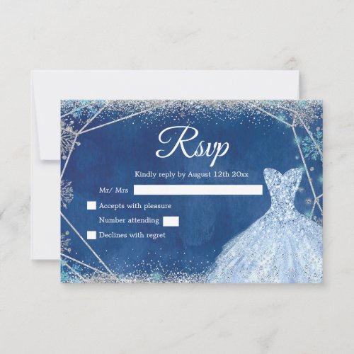 Elegant Navy Blue Silver Winter Quinceaera RSVP Card