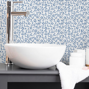 Elegant Navy Blue Simple Botanical Pattern White Ceramic Tile