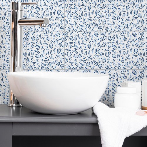 Elegant Navy Blue Simple Botanical Pattern White Ceramic Tile