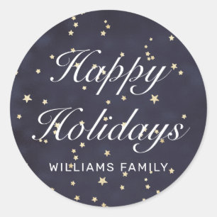 Elegant Navy blue skies and gold stars holiday Classic Round Sticker