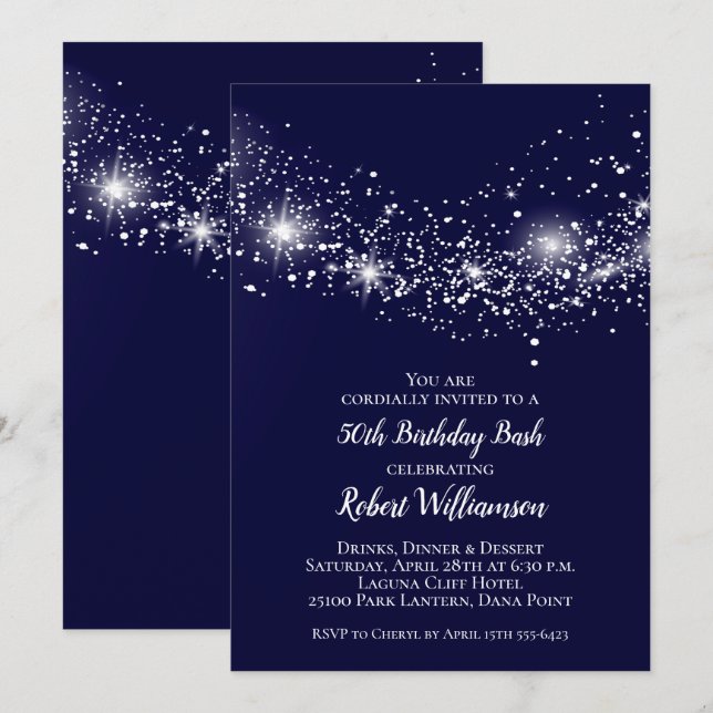 Elegant Navy Blue Sky and Stars Birthday Invitation (Front/Back)
