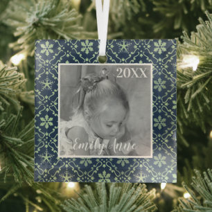Elegant Navy Blue Snowflake Photo Personalized Glass Ornament