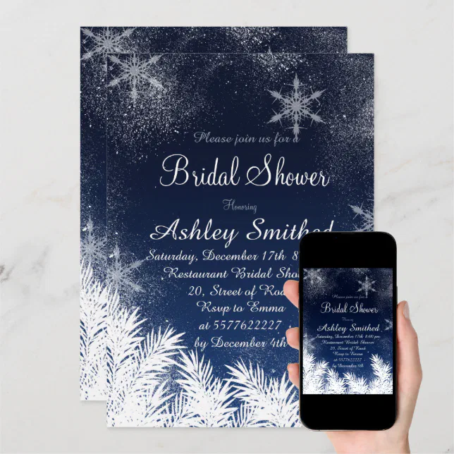 Elegant Navy Blue Snowflake Winter Bridal Shower Invitation Zazzle