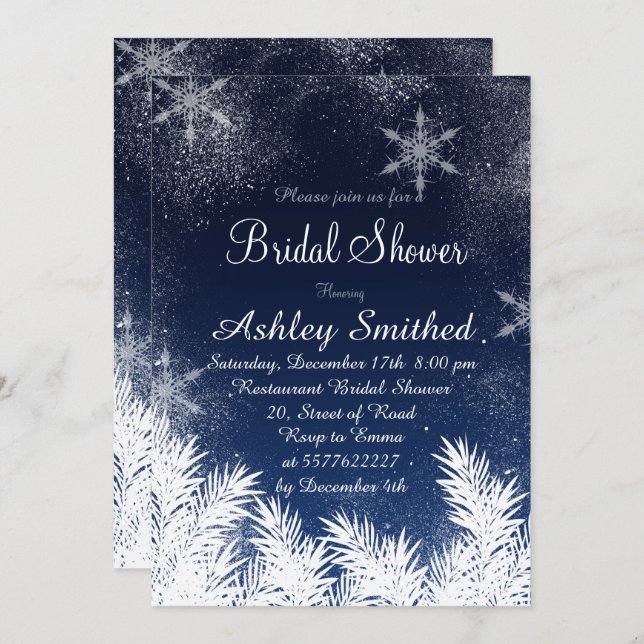 Elegant Navy Blue Snowflake Winter Bridal Shower Invitation (Front/Back)