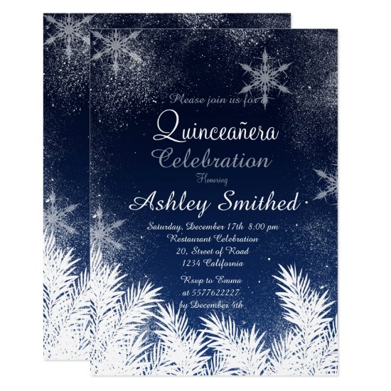 Elegant Navy Blue Snowflake Winter Quinceañera Invitation