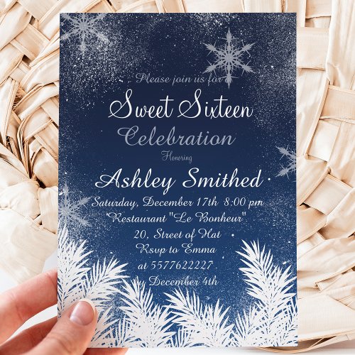 Elegant Navy Blue Snowflake Winter Sweet 16 Invitation