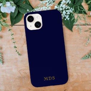 Elegant Navy Blue Solid Color Gold Monogram Case-Mate iPhone 14 Case