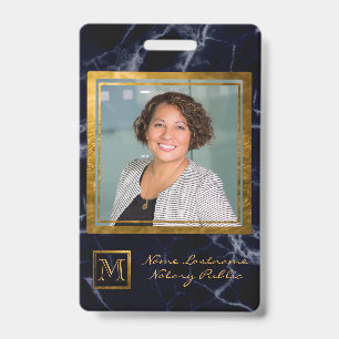 Elegant Navy Blue Square Gold Monogram Notary Badge