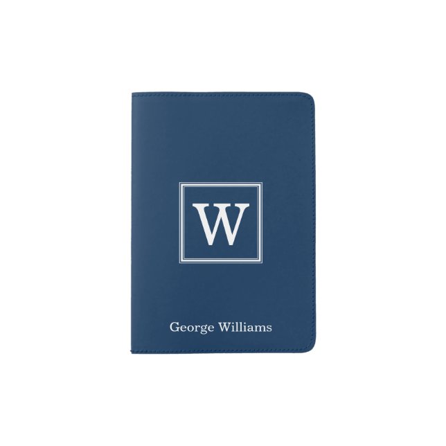 Elegant Navy Blue Square Monogram Passport Holder (Front)