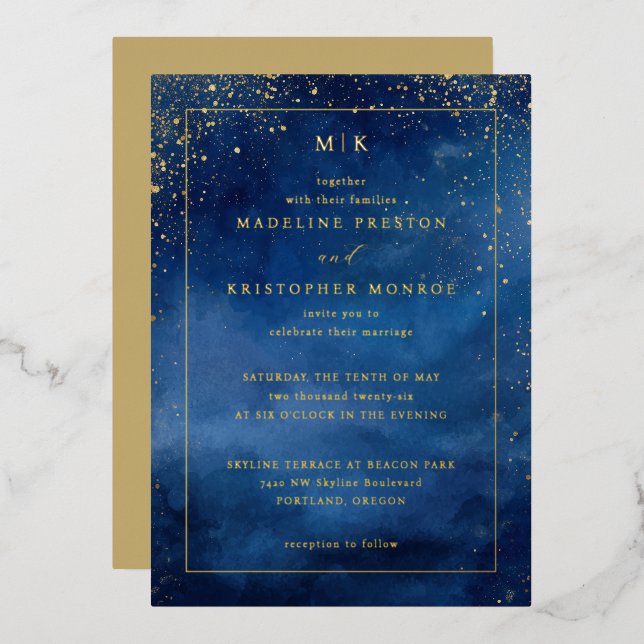 Elegant Navy Blue Starry Night Foil Invitation (Front/Back)