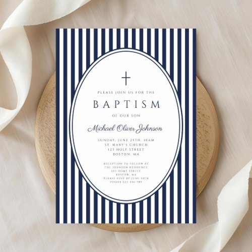 Elegant Navy Blue Striped Boy Baptism Invitation