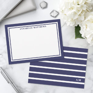 Elegant Navy Blue Striped Monogram Note Card