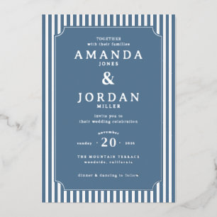 Elegant Navy Blue Stripes Foil Invitation