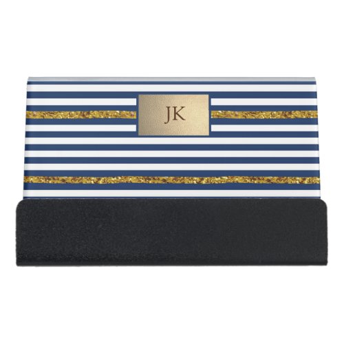 Elegant Navy Blue Stripes Gold Monogram    Desk Business Card Holder